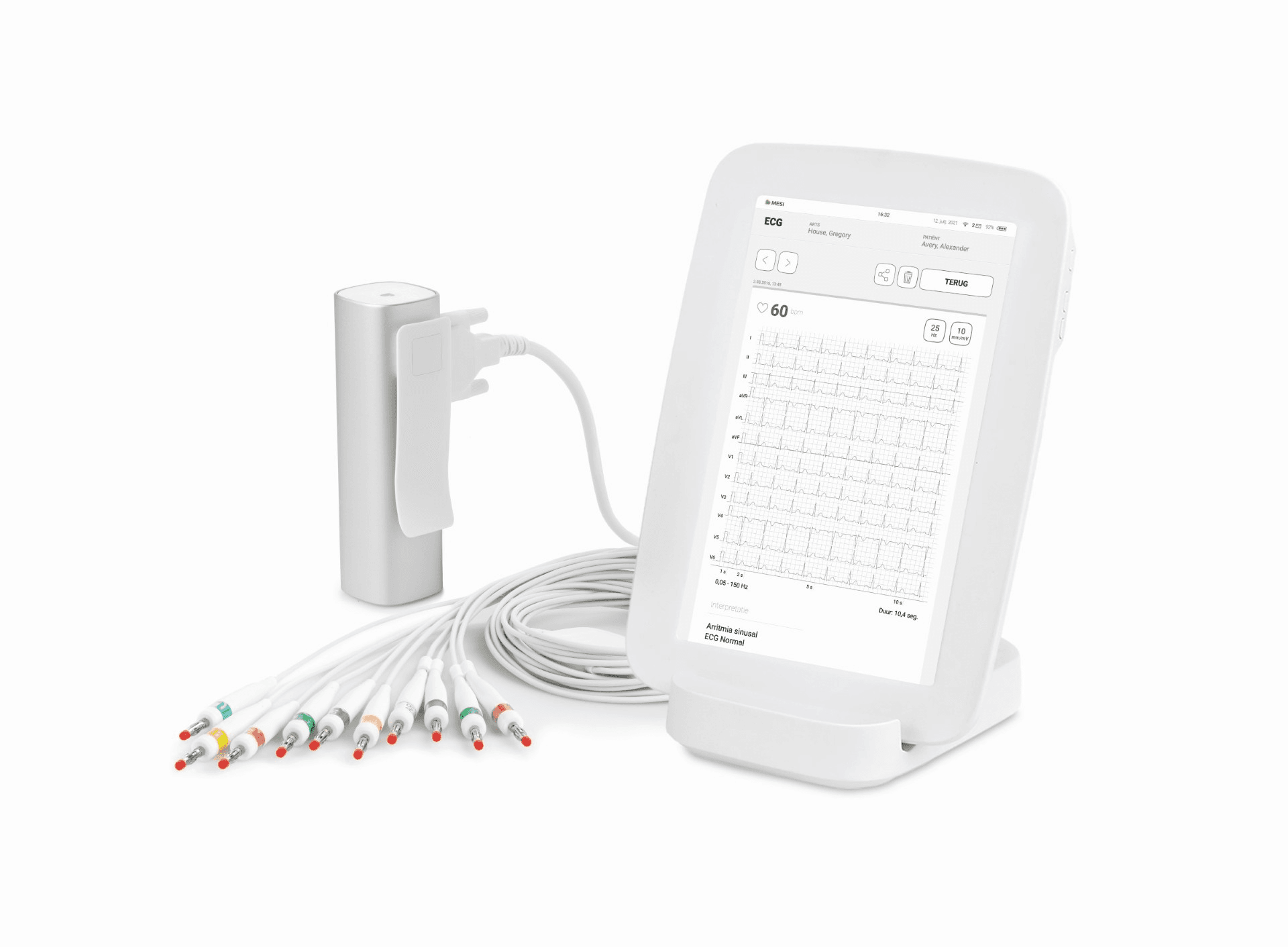 MESI mTABLET EKG-set BANAN 301-002032 – komplett system med tablet, EKG-modul och banankabel i laddplatta