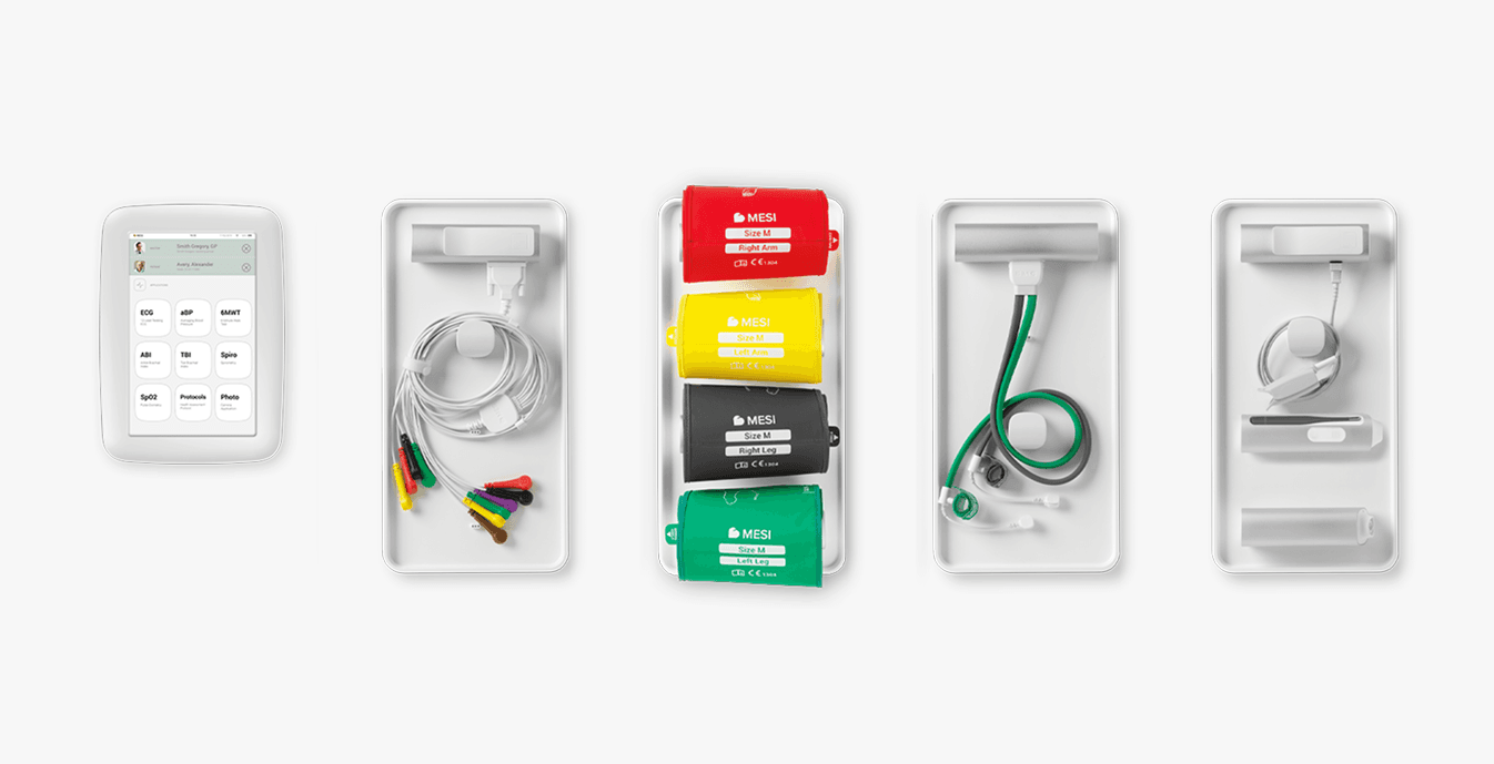 MESI mTABLET setup-alternativ – rullstativ, väggmontering och mobil rullväska