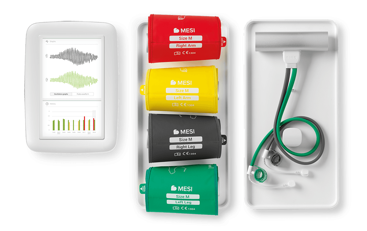 MESI mTABLET ABI+TBI Set – surfplatta, fyra färgkodade manschetter och TBI-modul